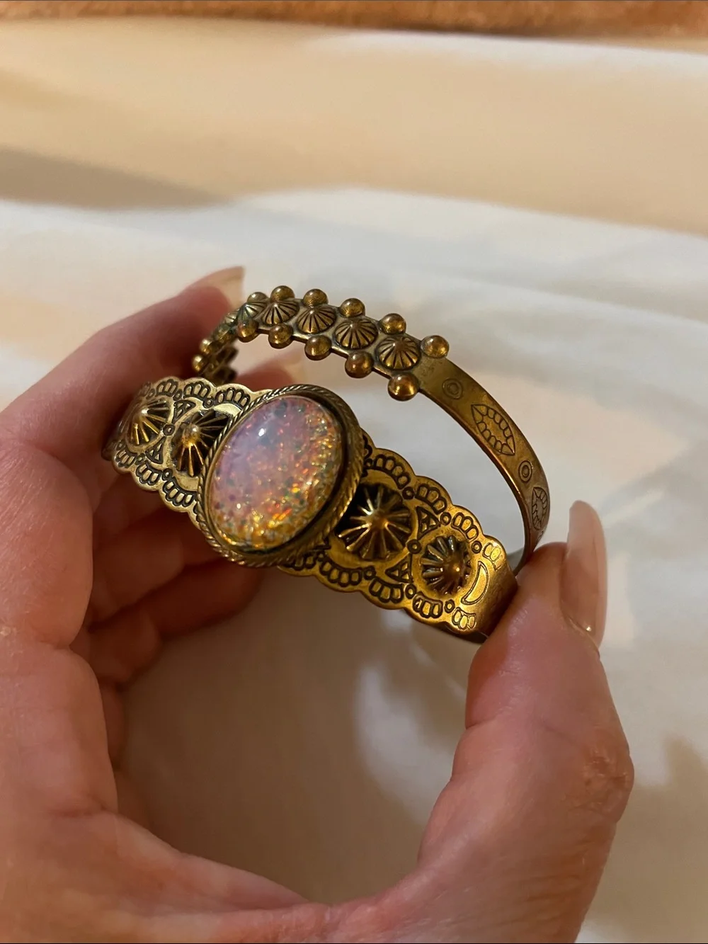 Vintage Southwestern Brass Cuff Bracelet Lot - Faux Opal Boho Set